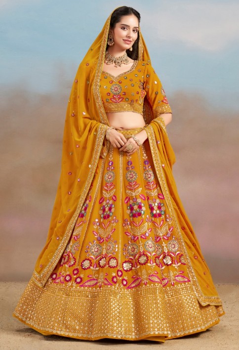 Stunning yellow Thread Work Georgette Engagement Wear Lehenga With Blouse